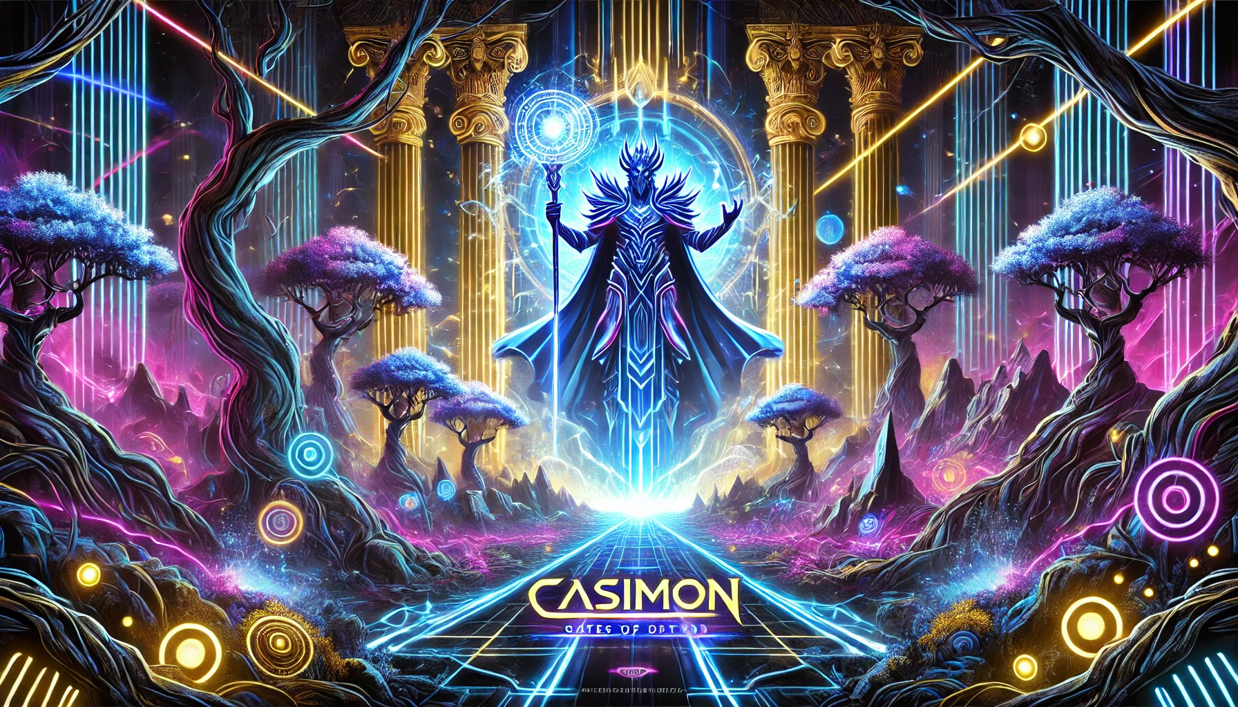 Gates of Olympus slot oyununun Zeus karakteri ve Yunan tapınak sütunları arasındaki elektrikli oyun sembolleri
